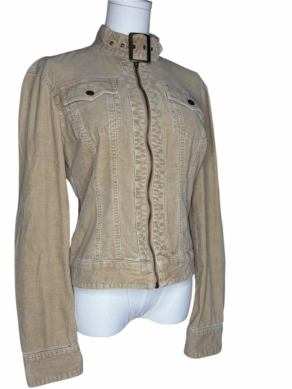 VTG Y2K Tan Corduroy Jacket Buckle Pockets Retro Boho Casual Size L